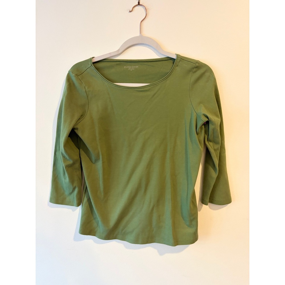 Eileen Fisher Petite Olive Green 3/4 Sleeve Scoop Neck Jersey Top PS